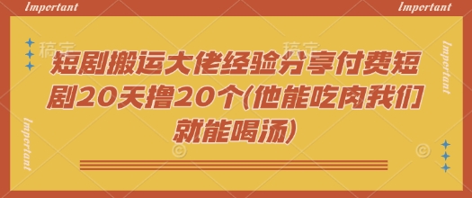 短剧搬运大佬经验分享付费短剧20天撸20个(他能吃肉我们就能喝汤)-匠马插画笔刷课程资料网